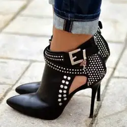 Женская новейшая модная обувь обувь для вечеринок по низкой цене лидер продаж пикантные ботильоны на черном каблуке с заклепками на молнии