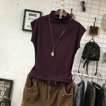 

2019 summer new 100% cotton knitted women t-shirts solid turtleneck loose lady elegant tops tees