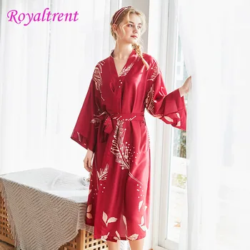 

Women Imitation Silk Kimono Leaf Feather Pattern Bathrobe Home Service Female Long Sleeves Over The Knee Home Kimono L-2XL
