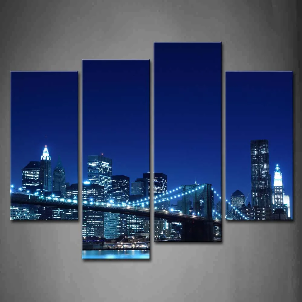

4 Pics Framed Wall Art Pictures Bridge New York City Light Canvas Print City Modern Posters With Wooden Frames For Decor