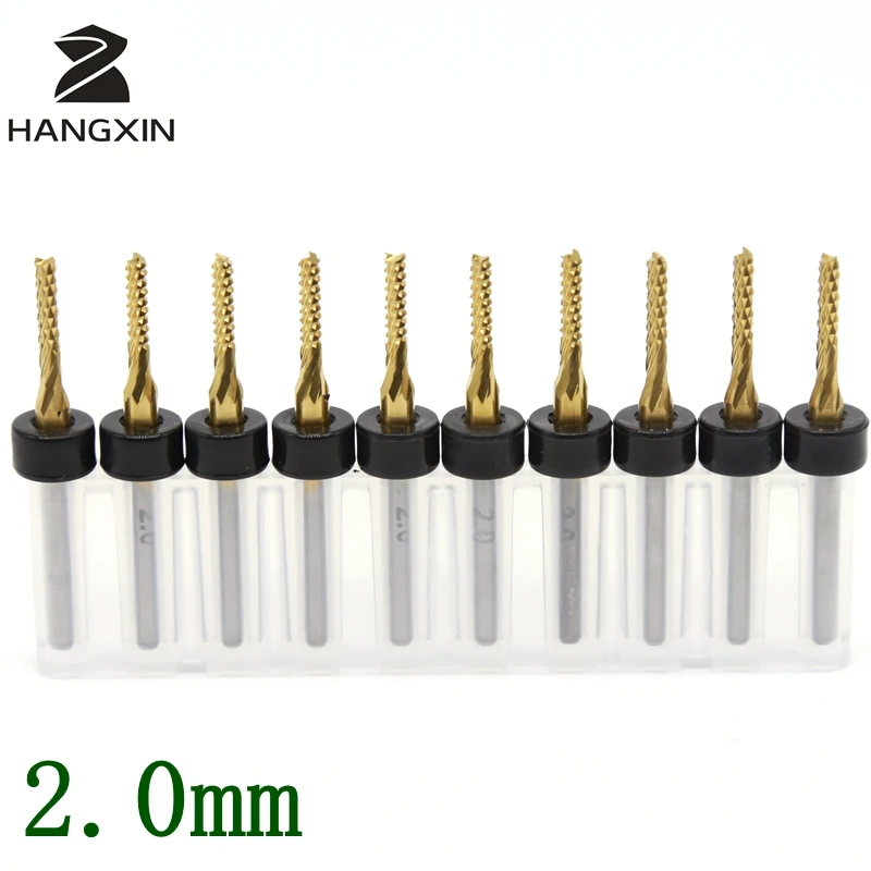 Titanium Coating PCB Milling Cutter 2.0mm / 10pcs CNC Routing Tool, Tungsten Carbide Microcomputer Carving Metal Wood Milling 