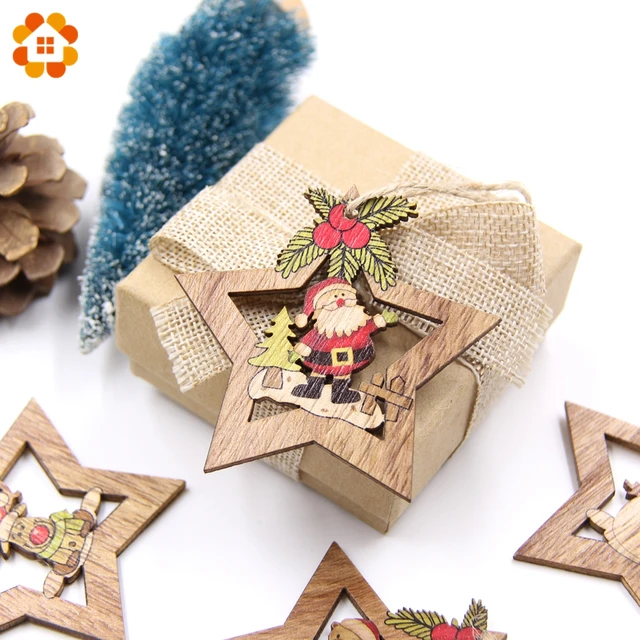 4PCS Christmas Star Wooden Pendants Ornaments Xmas Tree Ornament DIY Wood Crafts Kids Gift for Home Christmas Party Decorations 1
