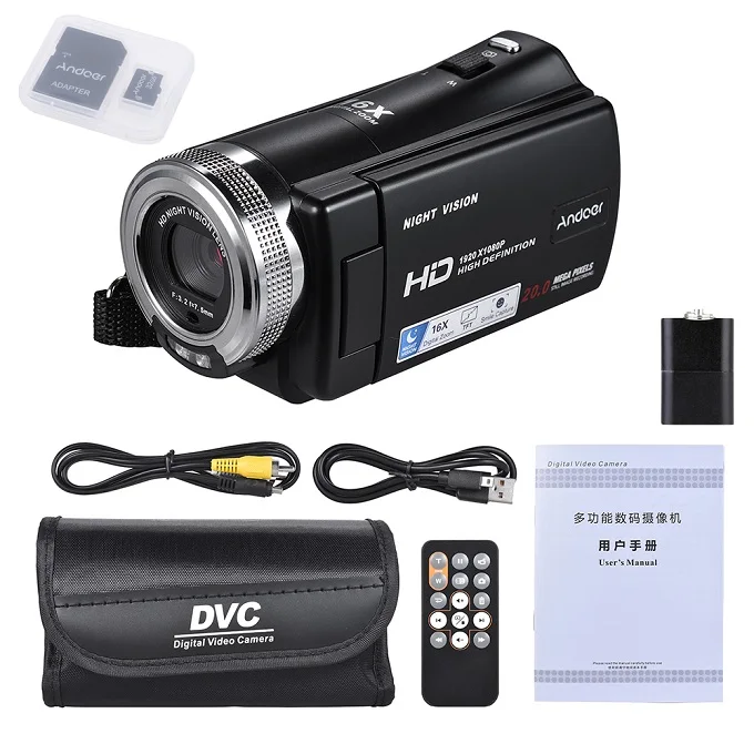 Andoer V12 видеокамера 1080P Full HD 16X цифровой зум записывающая видеокамера с поворотным ЖК-экраном 3,0 дюйма Поддержка ночного видения - Цвет: With 32G Card