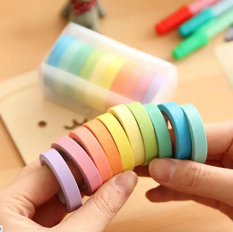 JX-LCLYL 10pcs/set 10in1 Colorful 0.7cm x 5M Adhesive Sticker Washi Paper Masking Tape Decoration