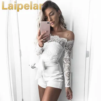 

Laipelar 2018 sexy skinny lace patchwork women bodysuit backless women playsuit off shoulder long sleeve sashes summer jumpsuit