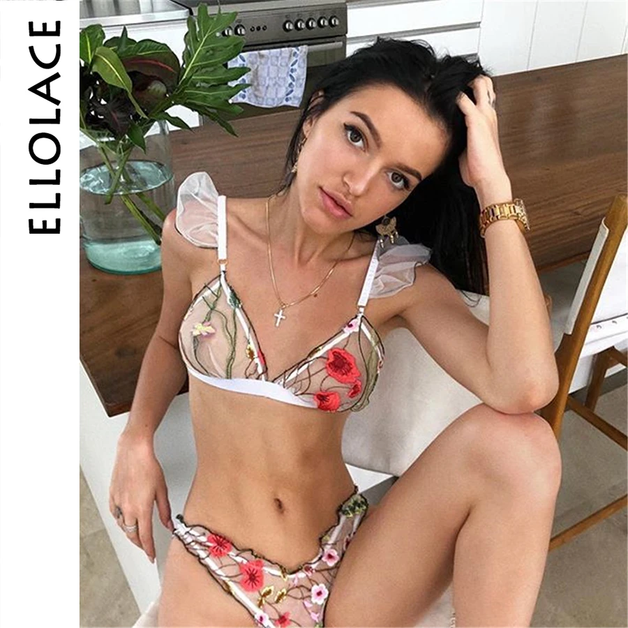 

Ellolace Sexy Flower Embroidery Lingerie Set Mesh Women Bra Set 2019 Fashion Brief Sets Transparent Underwear Summer Female Sets