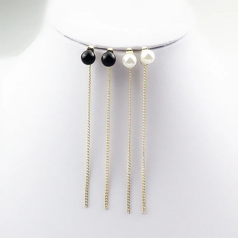 

E054 Fashionable Pearl Drop Earrings for Women Long Link Chain Drop Earrings Black White 2 Color Exquisite Jewelry