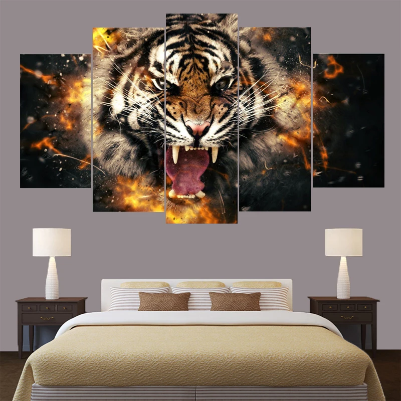 Buy 5 Panels Abstract Tiger Animal Canvas Paintings