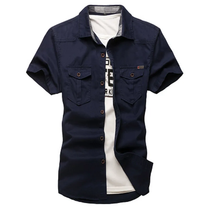 Горячая открытый короткий рукав хлопок спортивная рубашка рабочие карго армейская Униформа Рубашка Карманный Камуфляж Кемпинг походные рубашки для мужчин - Цвет: navy blue no strap