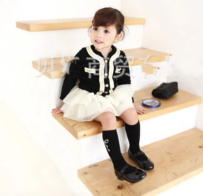 

EMS DHL Free Shipping White Black Fall Spring Long Sleeve 2pc set Cardigan tutu tiers skirt Children Clothing 2-7 Years