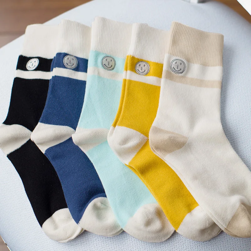 

Cartoon Smiley Embroidery Women Socks Macaron Mixed Colors Cotton New Design Autumn Casual Girl Scoks Preppy Style 2 Pairs/lot