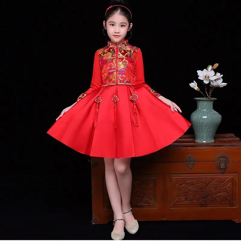 

Long Sleeve Princess Cheongsam Piano Dress Red Brithday Chinese Party Dresses Qipao Girls Children New Year Costumes For Kids