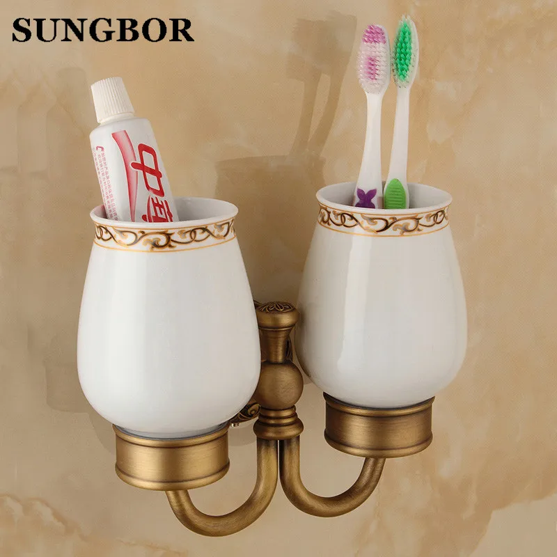 European Style Antique Brass Tumbler Holder Cup Holders Wall Mounted