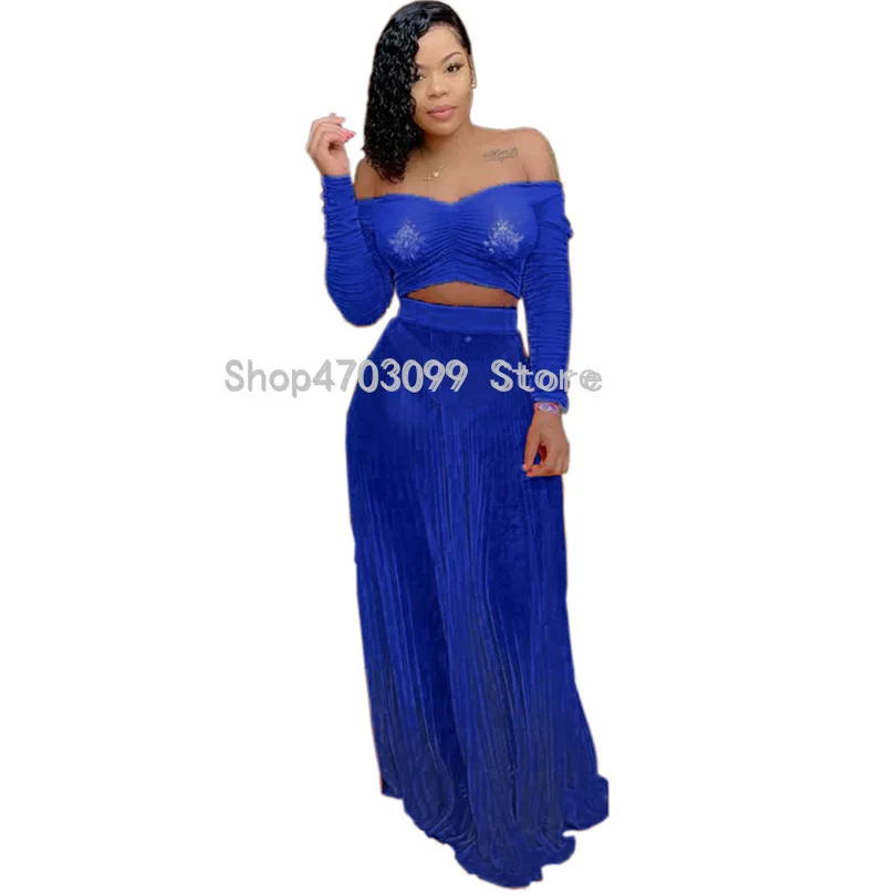 

Women Slash Neck Two Piece Set Summer Long Sleeve Crop Top Beach Long Skirts Sexy Suits 2 Piece Sets Bohemian Outfits