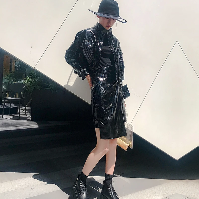 TWOTWIN стильная женская куртка на молнии с карманами и стоячим воротником, короткий жакет из искусственной кожи с длинным рукавом для женщин Осенняя мода в стиле панк