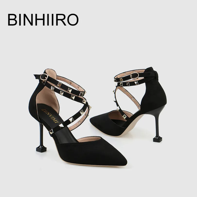 

BINHIIRO Summer Women Pumps Flock Pointed Toe Fashion Women Shoes Party Wedding Super Thin High Heel Rivet Ladies Pumps 2019
