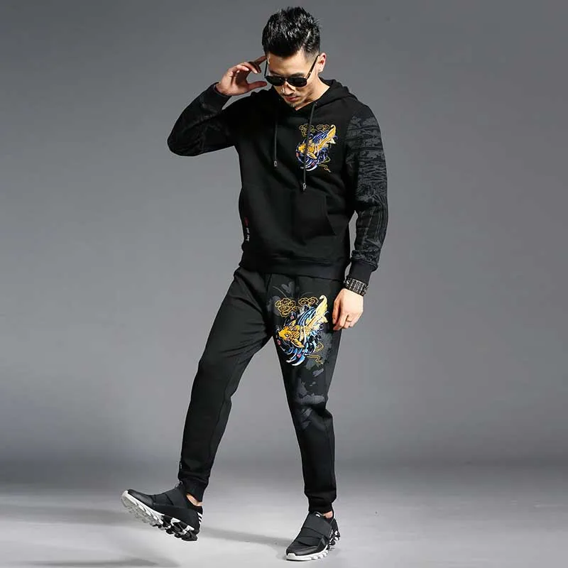 Embroidery Fish Two Piece Tracksuit Men Hooded Sweatshirt Pants Sets Pullover Hip Hop Hoodies with Joggers Pants Black Trousers Embroidery Fish Two Piece Tracksuit Men Hooded Sweatshirt Pants Sets Pullover Hip Hop Hoodies with Joggers Pants Black Trousers
