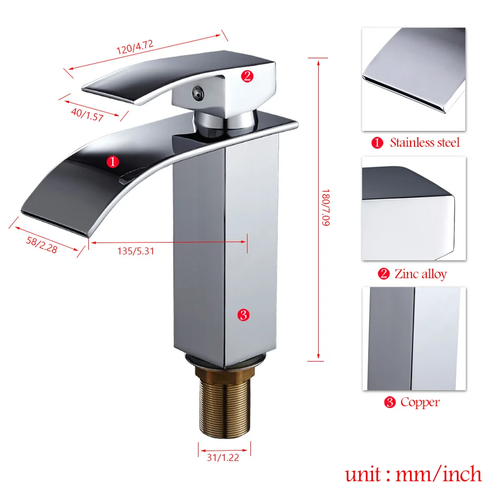 Латунный водопад, кран для ванной комнаты, смеситель для раковины, кран для раковины, кран для унитаза, кран для раковины - Цвет: 180MM