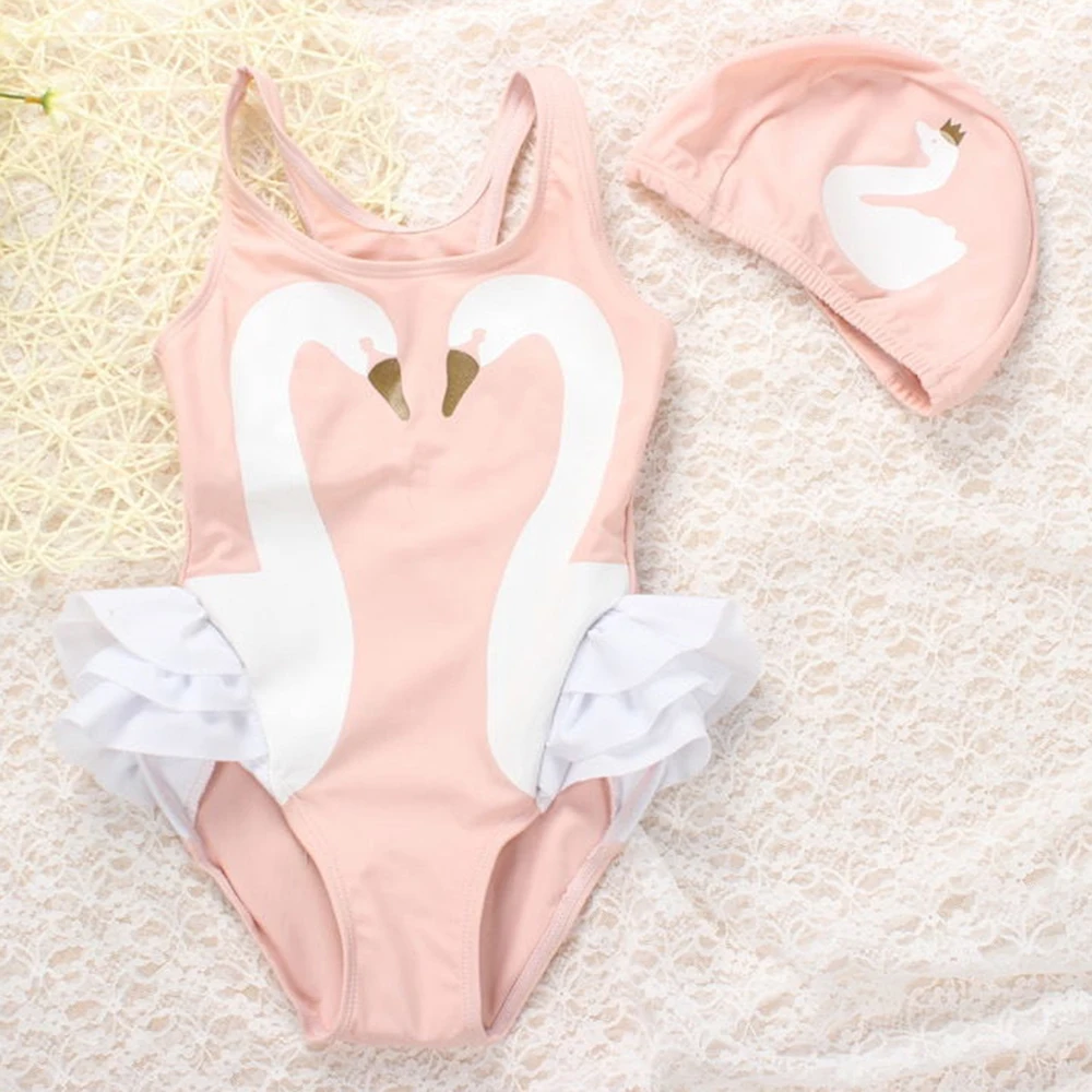 Милый Цельный Детский купальник бикини для девочек с шапочкой для плавания с рисунком Фламинго; детский купальный костюм для маленьких девочек - Цвет: pink swan