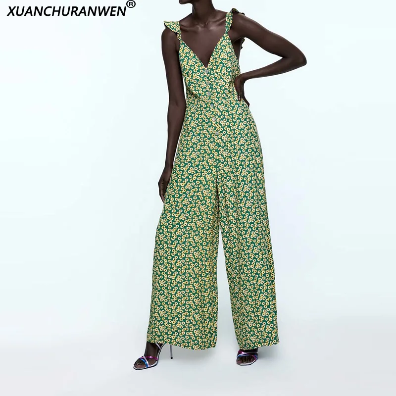 

Women Floral Wide Leg Jumpsuit Sleeveless Deep V neck Camis Spaghetti Strap Rompers Pants High Waist One Piece Pants XZ2039