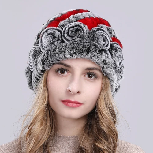 gray and red Новые зимние шапки из меха кролика рекс женский Настоящий мех кролика Цветочные шапочки вязаная шапка ручной работы натуральная шапка из меха кролика рекс - Цвет: gray and red
