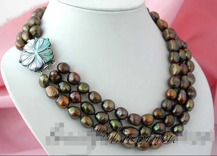 

FREE SHIPPING * (z2559) 3row 13mm baroque coffee freshwater pearl necklace (A0511)