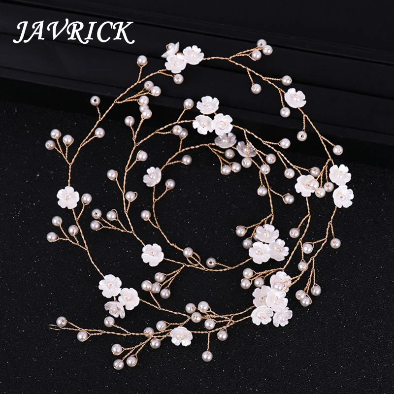 

JAVRICK Long 100cm Flower Handmade Floral Pearl Wedding Bride Headband Hair Jewelry Decoration Fashion Luxury Elegant Headpieces