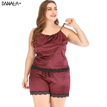

DANALA Large Size XL-4XL Women Pijamas Sets Sexy Lace Round Neck Sling Sleepwear For Women Fashion Pajamas & Pants Set Home Suit