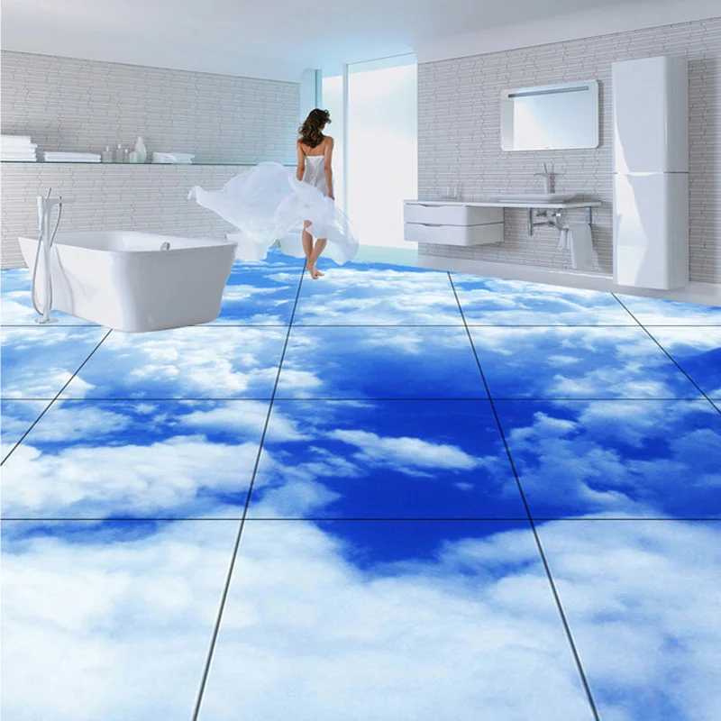 Custom 3D Floor Wallpaper Modern Blue Sky White Clouds Wear Non-slip Waterproof Thickened Self-adhesive PVC Floor Sticker Mural