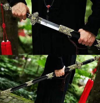 

Battle Ready Damascus Steel Double edge Sharp Chinese Kungfu knight-errant Sword/Han Jian-Full Hand Carved Brass Knife fitted