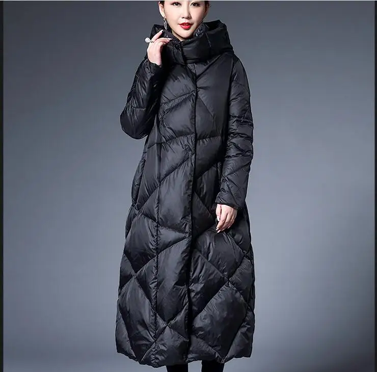 Стильное женское зимнее пуховое пальто, длинные пуховые куртки, зимнее женское пуховое пальто