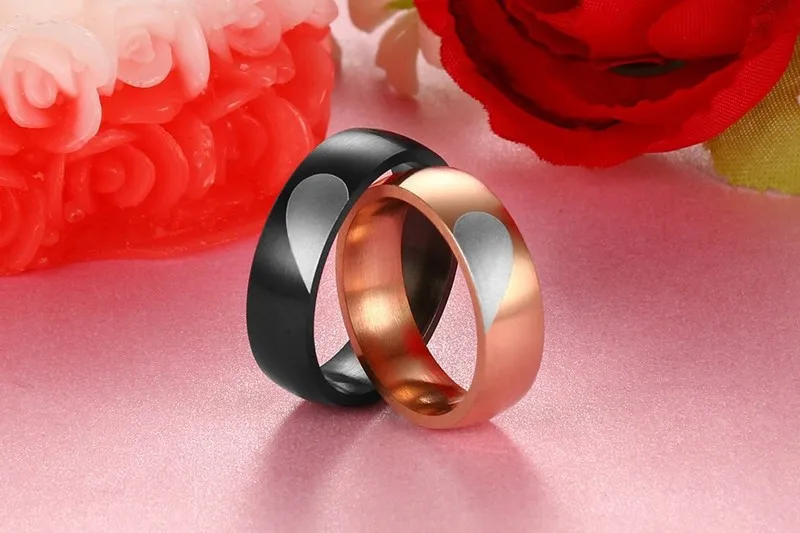 Качество Нержавеющая сталь кольцо Альянса Черный обручальное кольцо для Для мужчин из розового золота с принтом «сердце», «Любовь кольцо для Для женщин