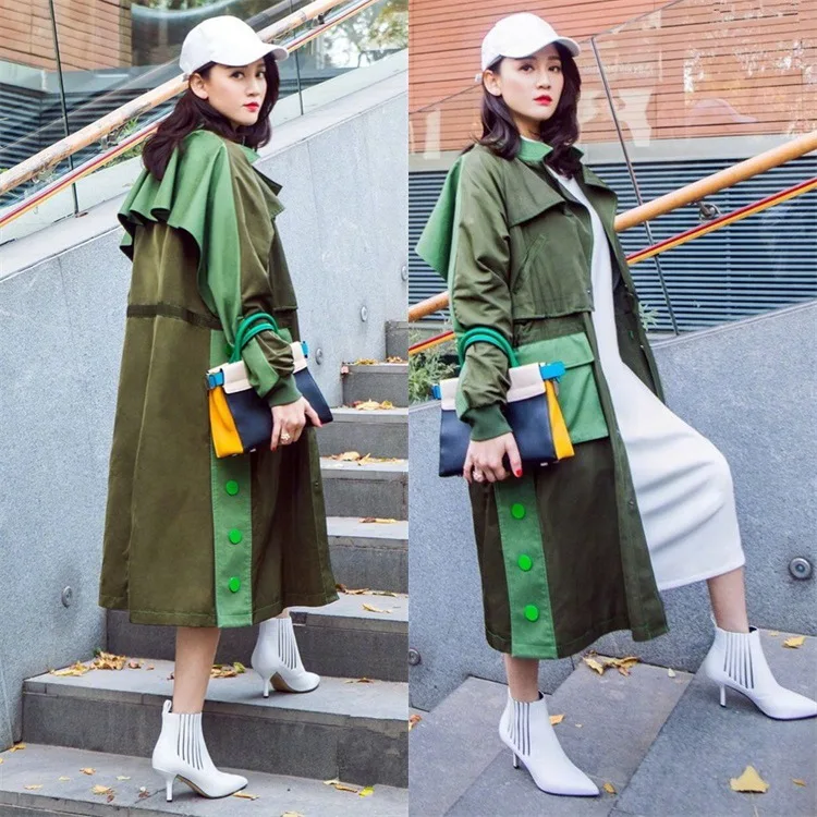 New Spring 2019 Chen Jon Star's Olive Green Knee-Crossing Windswear with Long Loose Fashion Outerwear Clothes Long Coat Women