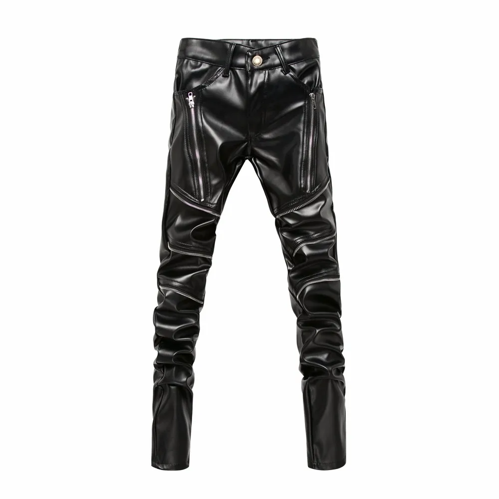 New Arrived Personality Male Leather Pants Male Slim Leather Pants Men's Clothing PU Pants Male