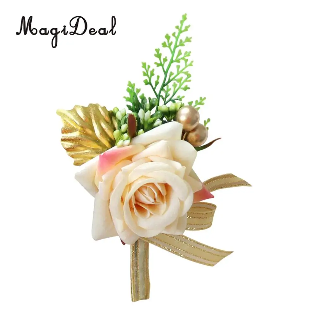 Romantic Artificial Rose Flower Pearls Wedding Corsage Boutonniere for Bridal Groom Fancy Dress