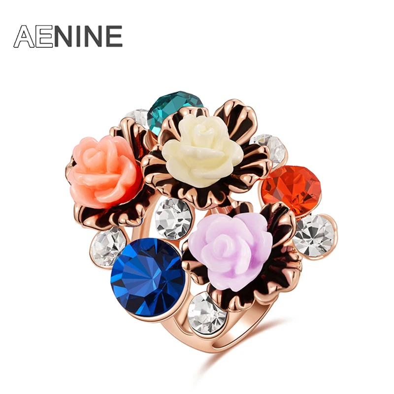

AENINE Romantic Rose Flower Rings Gold Color Fashion Flower With Austrian Crystal Micro-Inserted Party Ring Jewelry R150870250R