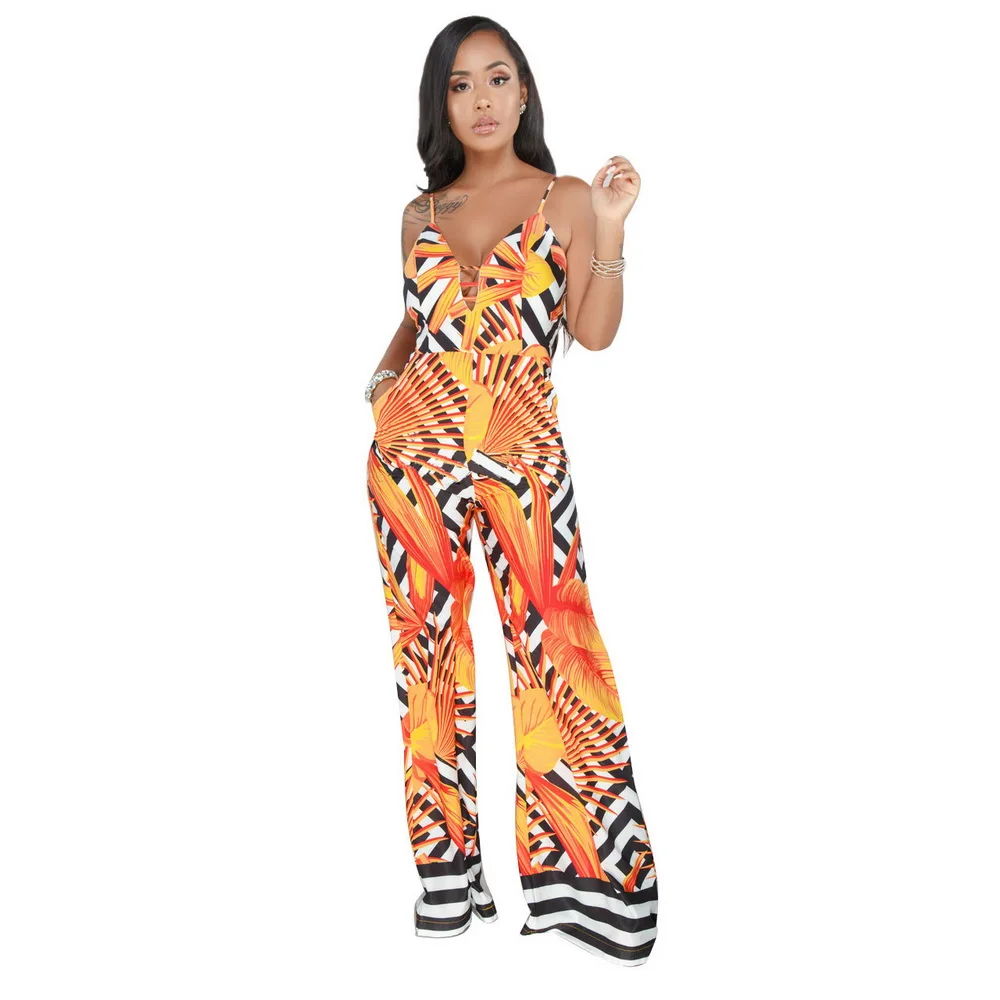 OKAYOASIS Summer Vacation 2018 Spaghetti Strap Boho Jumpsuit High Waist Leaf Print Wide Leg Cami Palazzo Women | Женская одежда