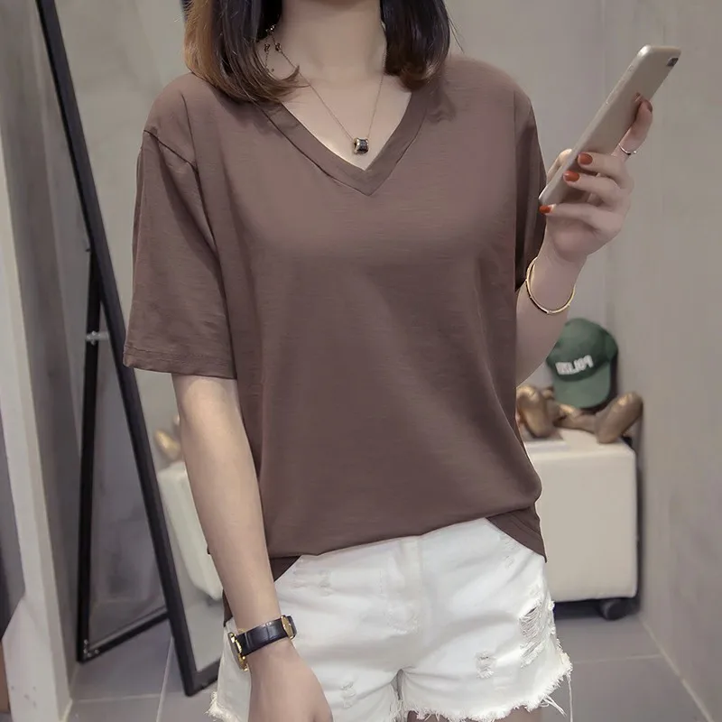 

Women's Tshirt Cotton Korean Harajuku Tee Summer Short Sleeve V-neck Tops Ladies Clothes Solid Color T-shirt Camiseta Feminina