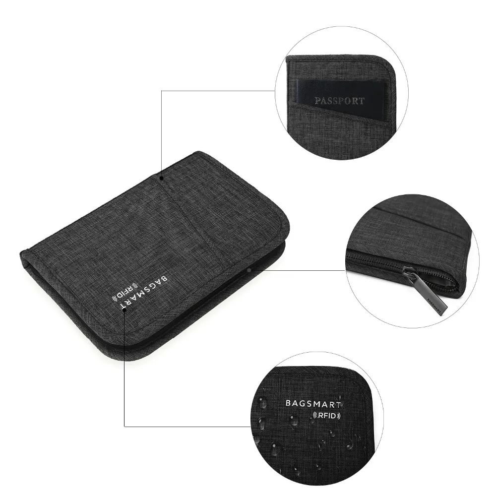 BAGSMART Multifunction Travel Passport Bag RFID Passport ID Card Holder Bank Card Bag Clutch Holder Zipper Case Purse