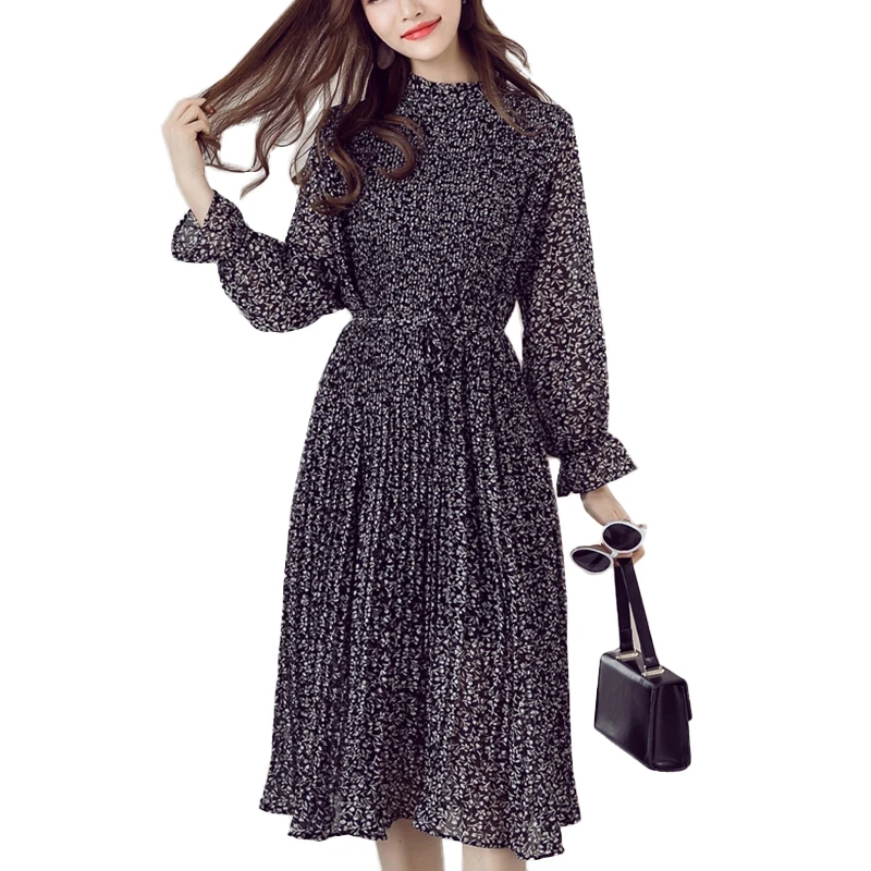 

2019 christmas dress women autumn winter plus size Pleated party dresses elegant long Flare Sleeve chiffon floral dress vestidos