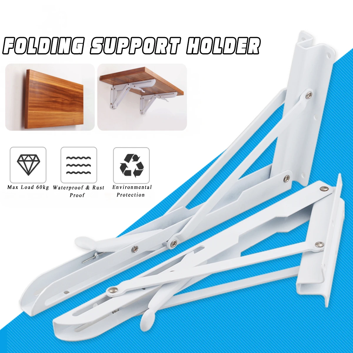 

2Pcs White Wall Mounted Metal Folding Triangle Cold Rolled Steel Max Load 60kg Angle Shelf Support Bracket Rack 29x2.3x14cm