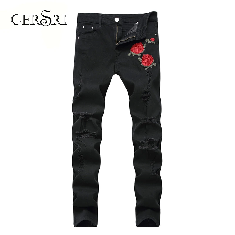 Gersri Fashion Ripped Jeans Men Patchwork Flower Printed Knee Hole Pants Man Cowboys Demin Pants Male Dropshipping Gersri Fashion Ripped Jeans Men Patchwork Flower Printed Knee Hole Pants Man Cowboys Demin Pants Male Dropshipping