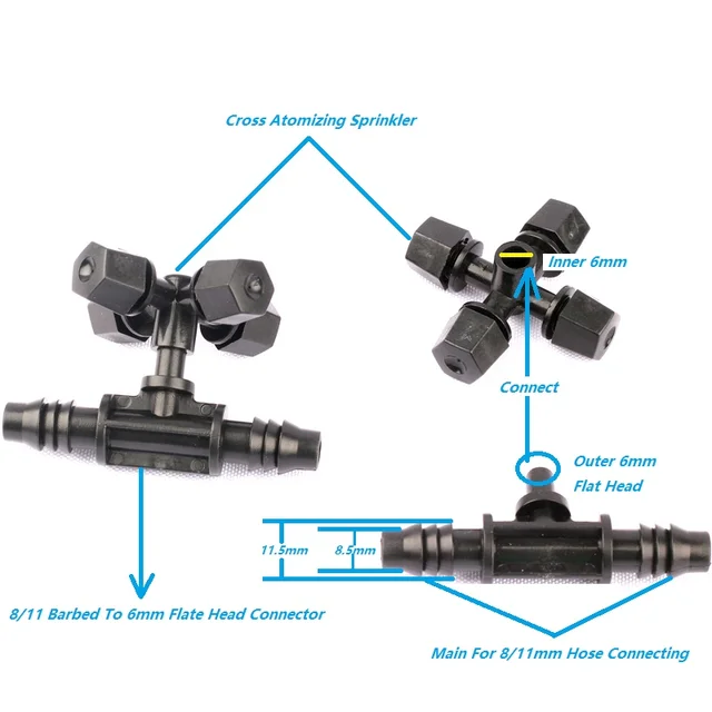 5Set Cross Keresztes Porlasztási Sprinkler 8/11 -Től 6 Mm -Es Tee -Csatlakozóval, Nagy Hatékonyságú Négy Út - Image 5