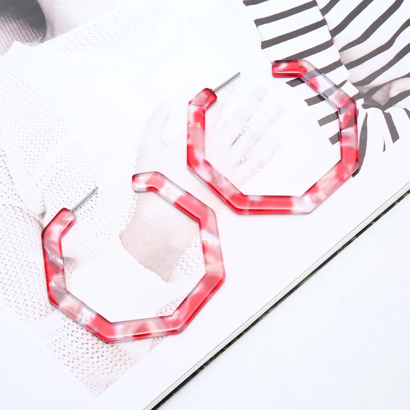 

52*52mm Acetate Strawberry Earrings Hoop Lightweight Resin Earrings Geometric Octagon Statement Earrings