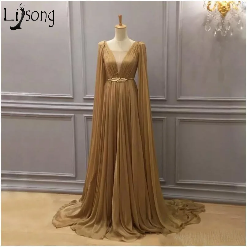 2019 Gold Chiffon Arabic Formal Dresses Evening Wear Plunging Neck Evening Gowns Dubai A Line Chiffon Pleated Floor Length Prom Dress119