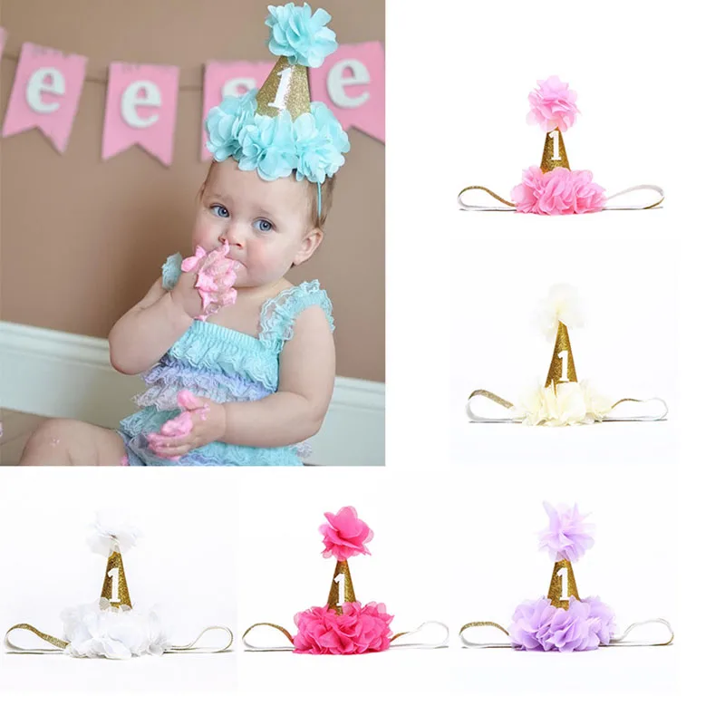 

Happy First Birthday Party Hats Decor Cap One Birthday Hat Gold Glitter Baby Pink Flower Headband Baby Kids Hair Accessory