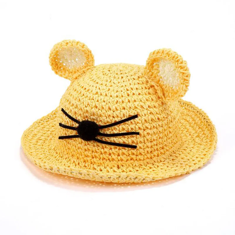 2018 الصيف جديد آذان القط القش قبعة الشمس للأطفال الصبي الفتيات الصلبة شاطئ كاب الطفل القط الوجه الأشعة فوق البنفسجية حماية الشمس
