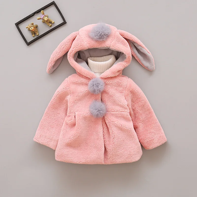 Милый кролик уха пальто с капюшоном для девочек плюс кашемир Топы корректирующие детская теплая верхняя одежда и пальто детей Костюмы