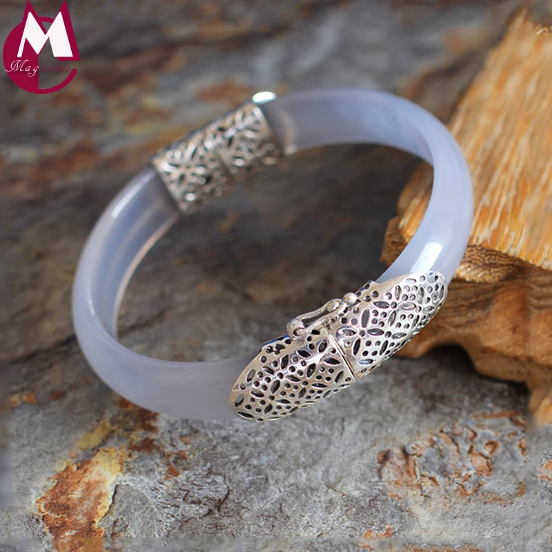 

Natural White Chalcedony Women Bangle 100% 925 Sterling Silver Bracelet Punk Hollow Carving Jade Gifts Gemstone Jewelry SB65