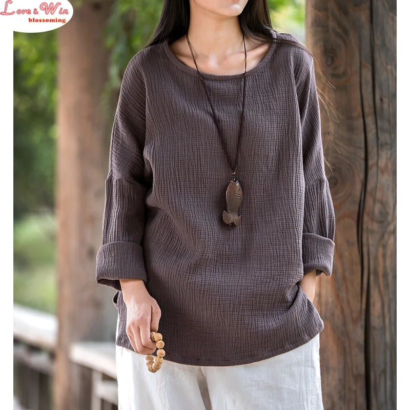 Bainha assimétrica de Volta Mais Off-ombro Completo Manga de Linho Natural Soft Top Tamanho Grande T-shirt Das Mulheres Do Vintage